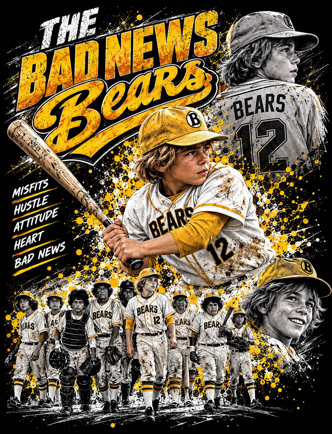 The Bad News Bearss Baseball Collage halftone DTF transfer for dark garments