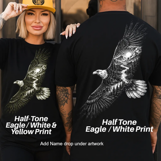 a woman wearing a yellow hat and a black t-shirt with a white eagle design on the back.