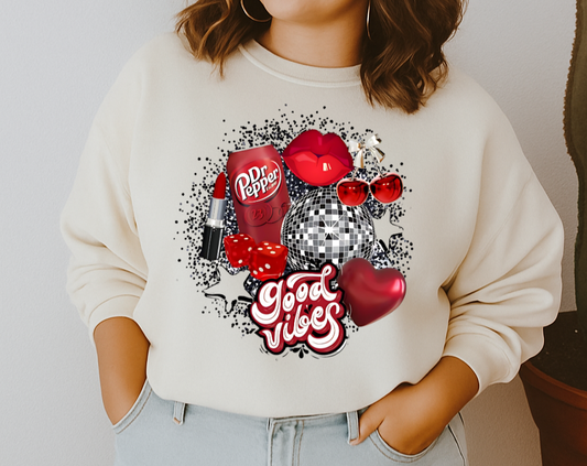 Woman wearing a white sweatshirt with boxing glove and heart design, standing against a plain background.