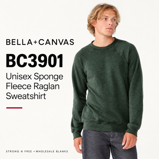 Bella Canvas BC3901 Unisex Sponge Fleece Raglan Sweatshirt — Wholesale Blanks