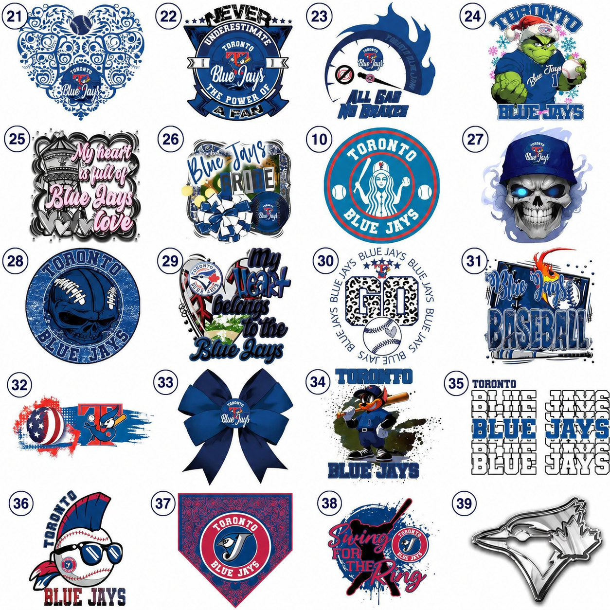 Toronto baseball DTF transfer design choices 21 through 39
