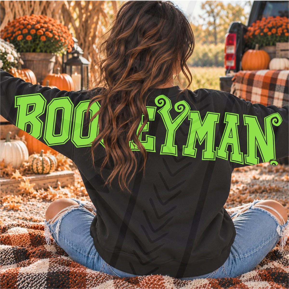 Boogeyman – Green back and sleeve transfer mockup; garment not included