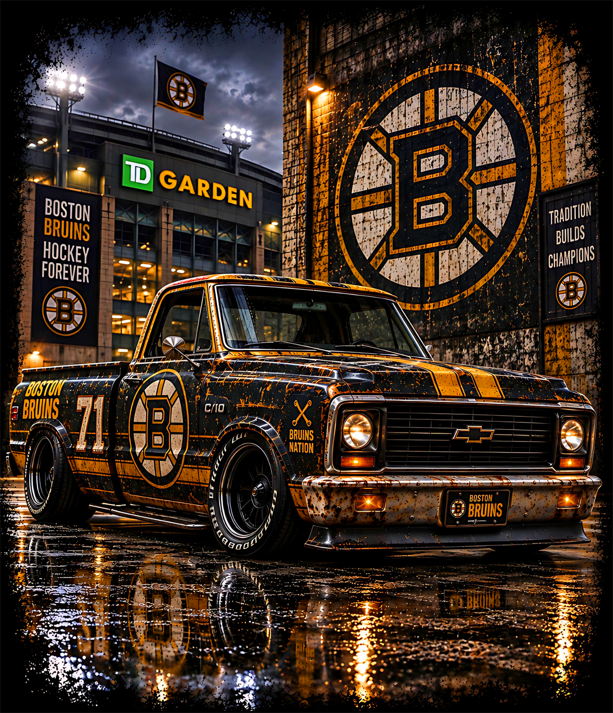 Printed Halftone - Boston Bruins Chevrolet C10 Pickup Truck - On Darks Only
