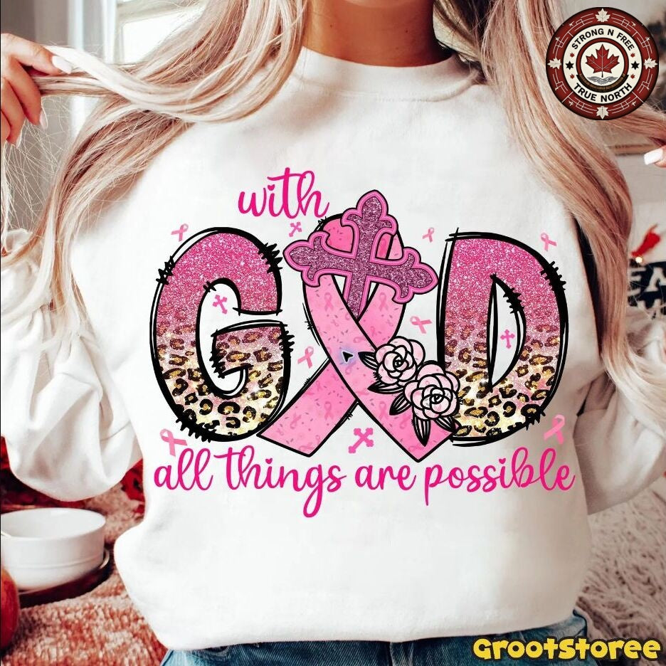 With God All Things Are Possible Pink Ribbon ready-to-press DTF transfer photo 2