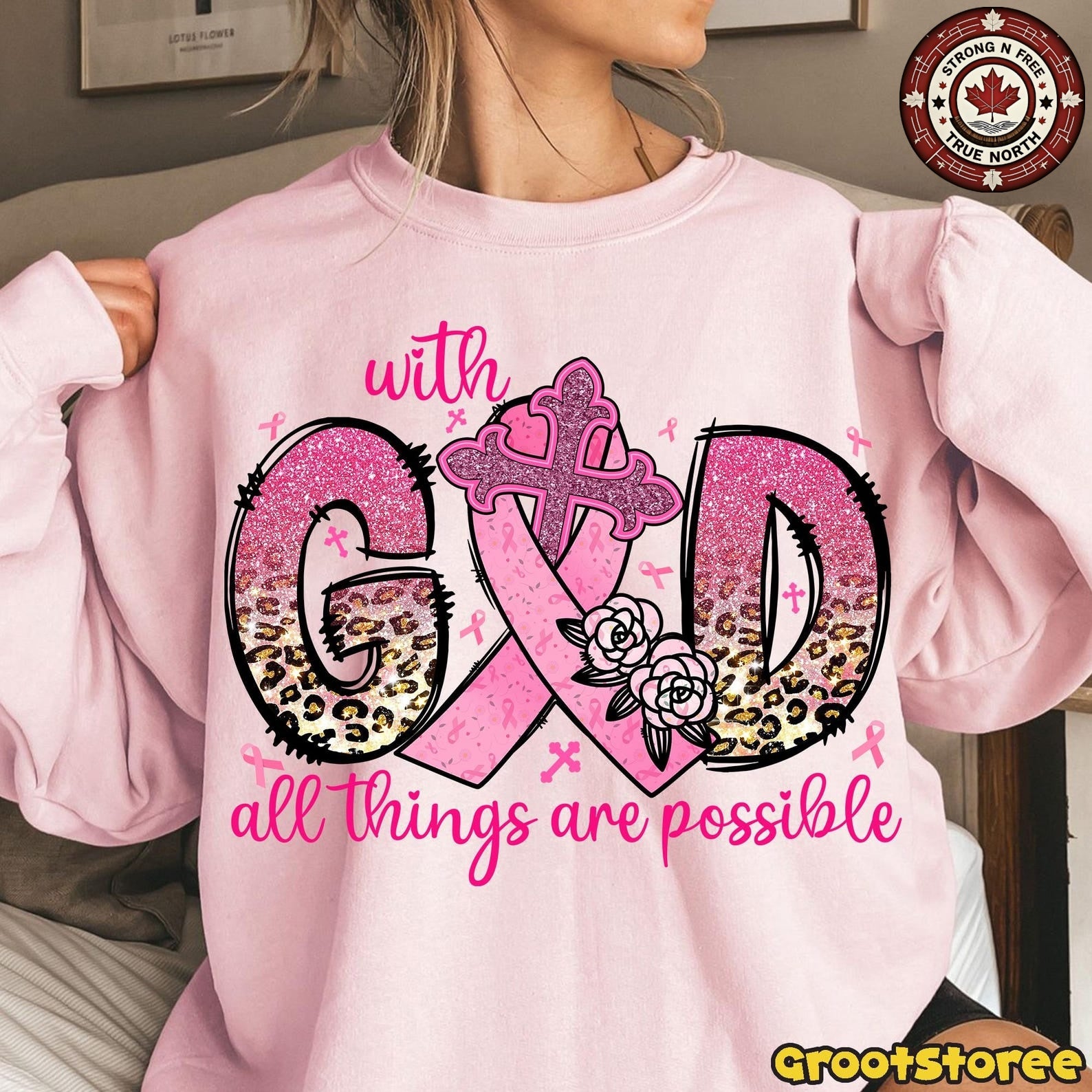 With God All Things Are Possible Pink Ribbon ready-to-press DTF transfer photo 3