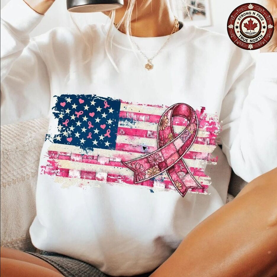American Flag Pink Ribbon Breast Cancer Awareness ready-to-press DTF transfer photo 2