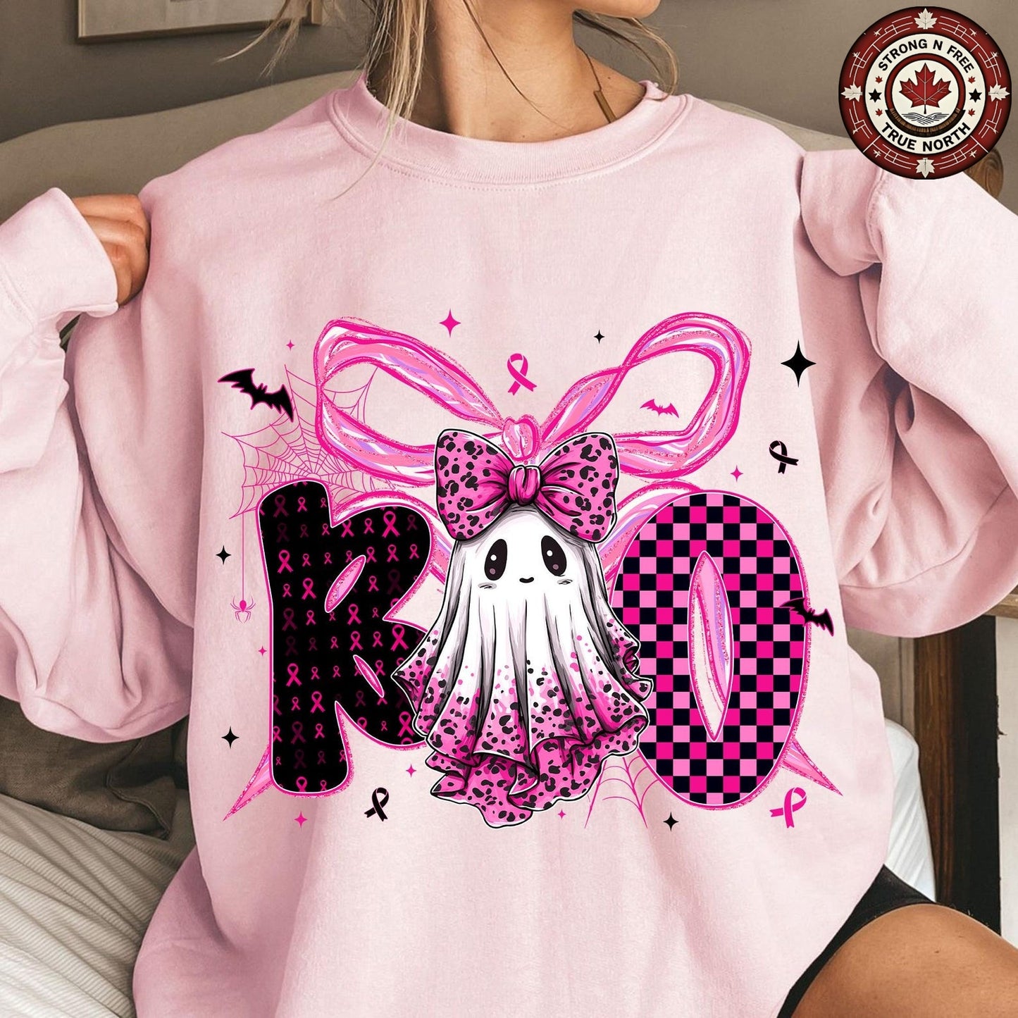 Breast Cancer Boo Ghost Coquette Bow ready-to-press DTF transfer photo 2