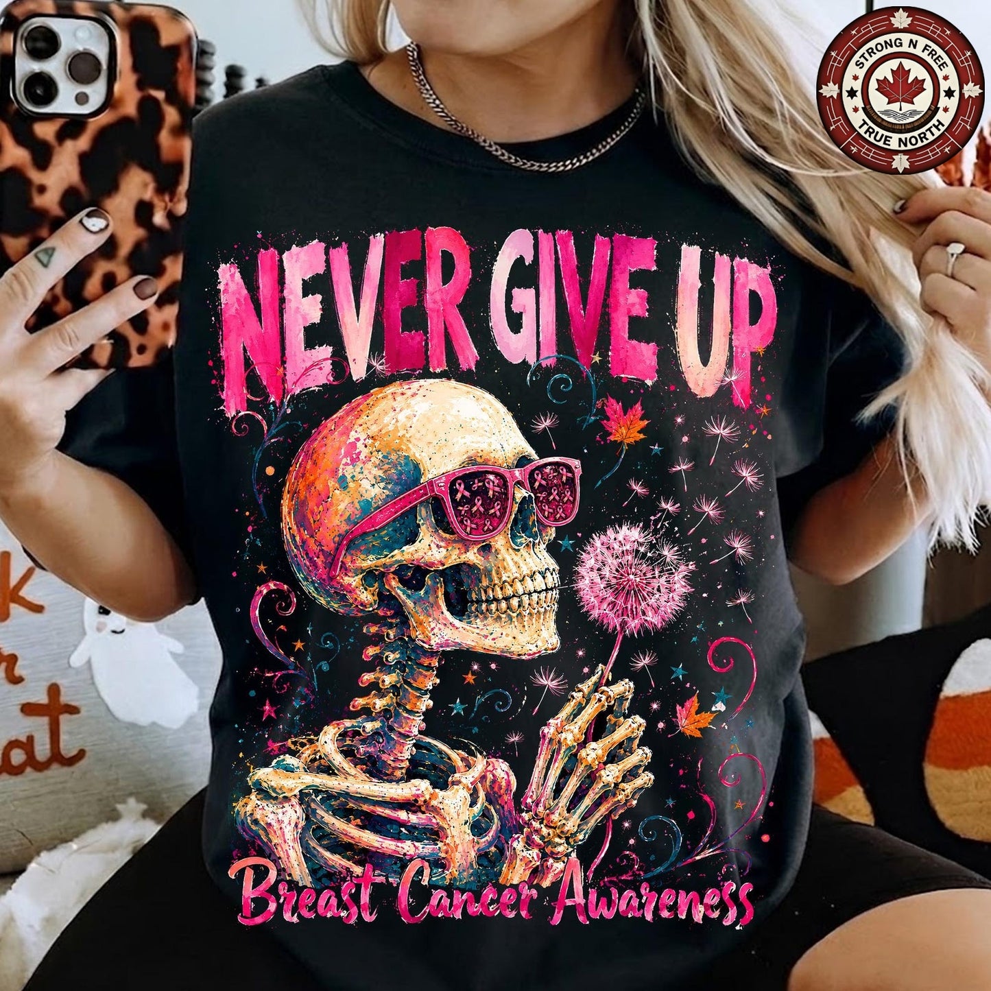 Never Give Up Breast Cancer Skull & Dandelion ready-to-press DTF transfer photo 1