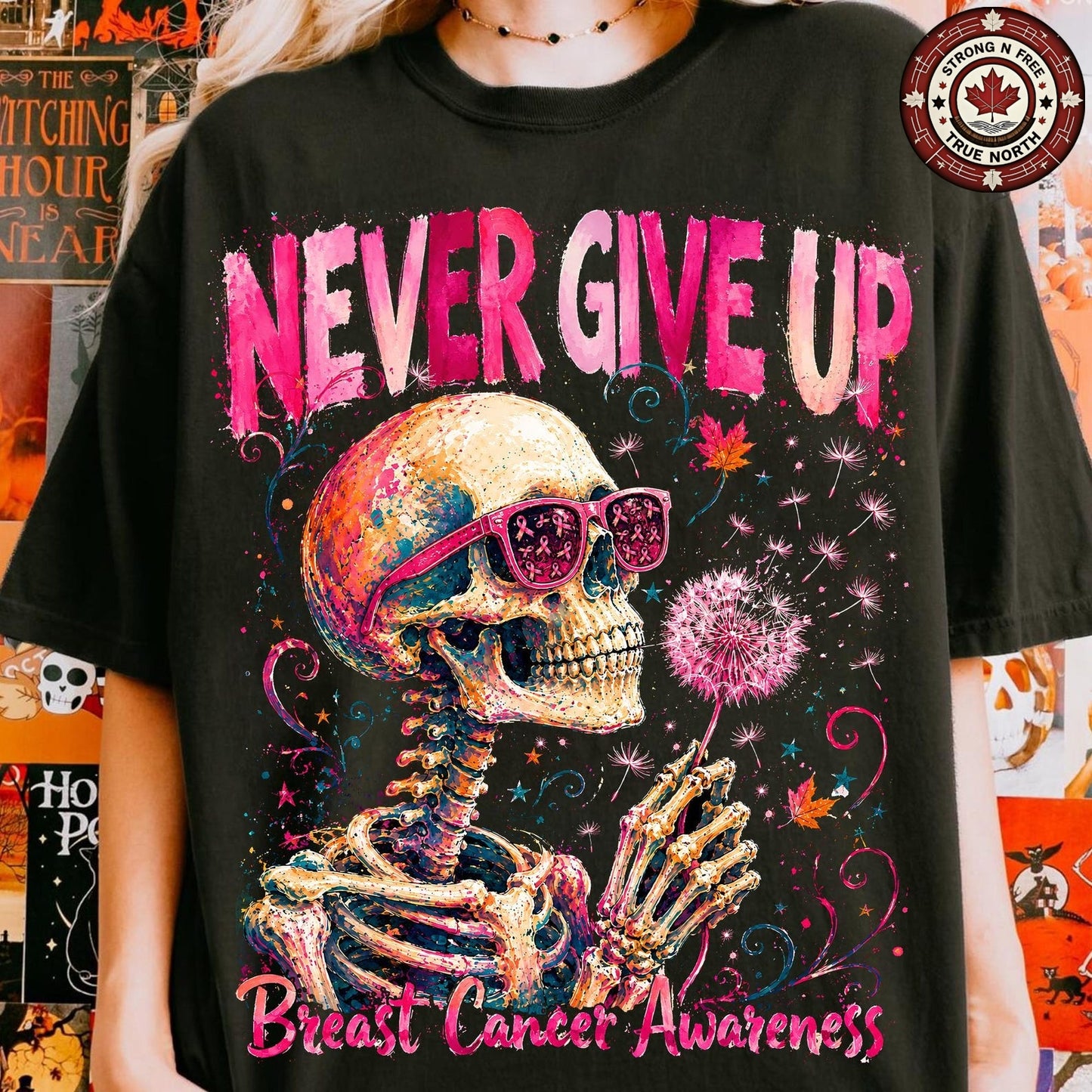 Never Give Up Breast Cancer Skull & Dandelion ready-to-press DTF transfer photo 3