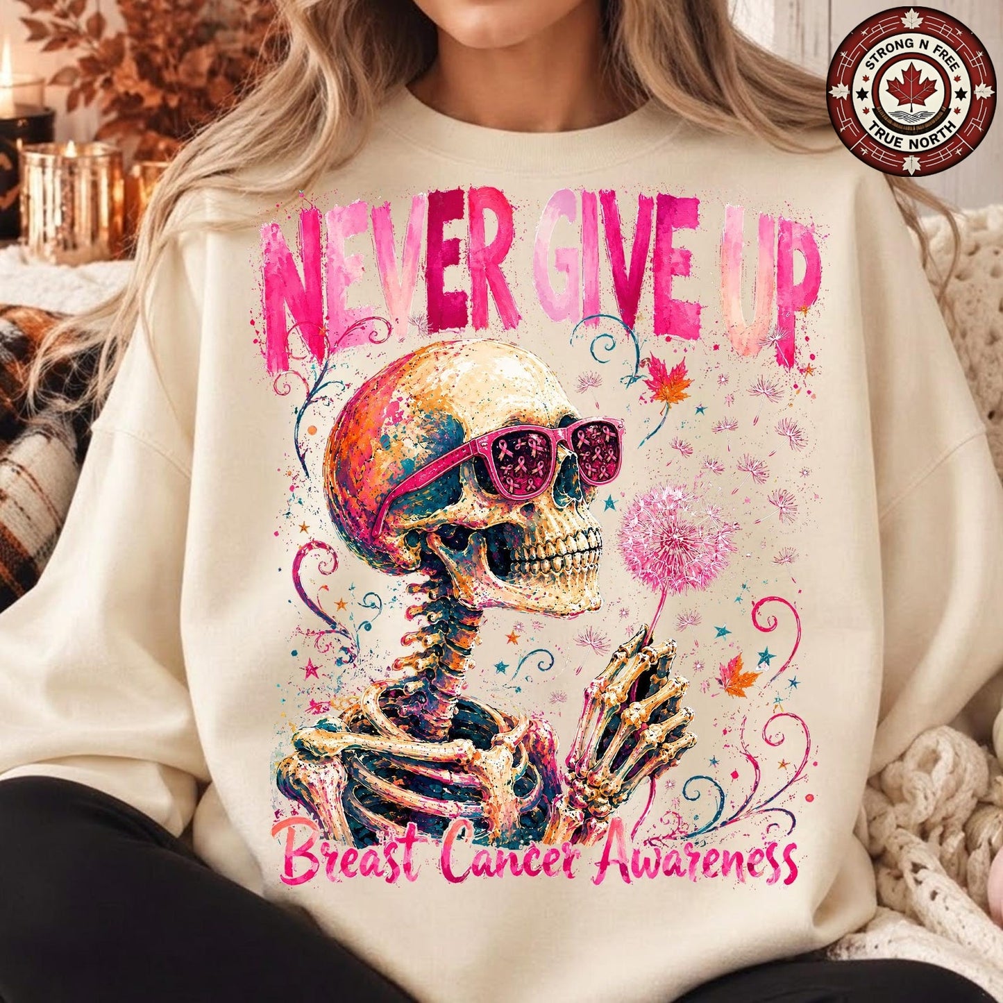 Never Give Up Breast Cancer Skull & Dandelion ready-to-press DTF transfer photo 4