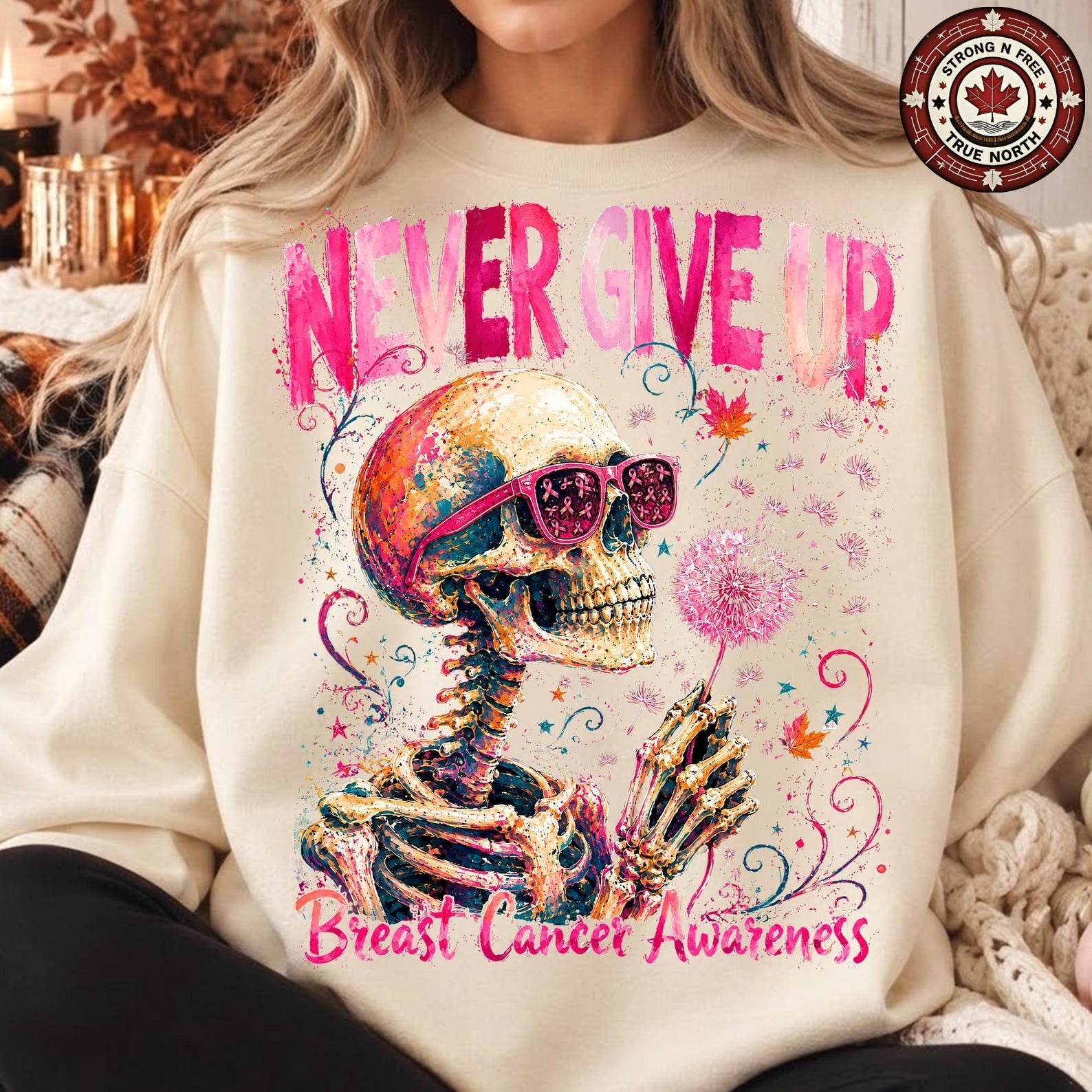 Never Give Up Breast Cancer Skull & Dandelion ready-to-press DTF transfer photo 4