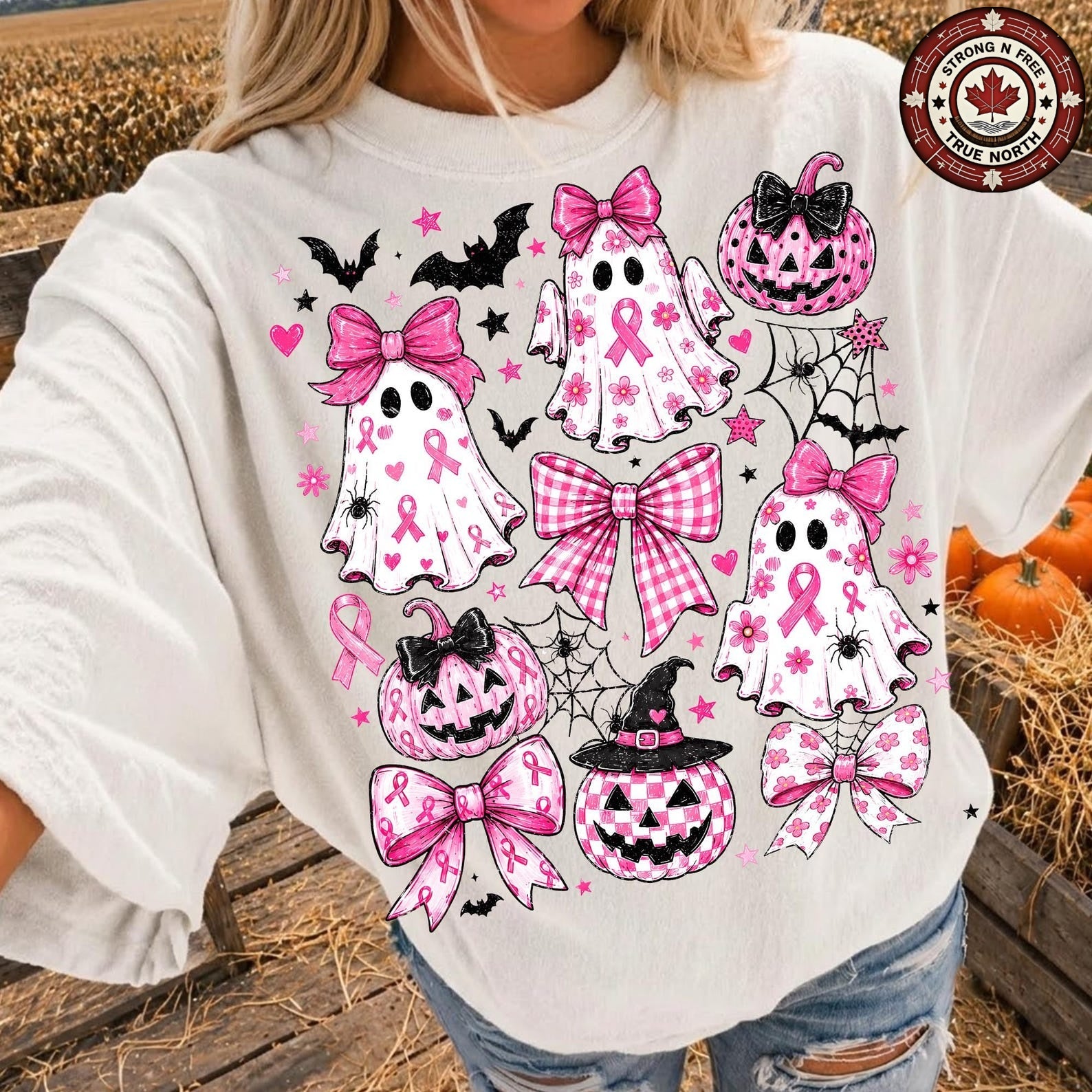 Pink Ghost Breast Cancer Awareness Coquette Bow ready-to-press DTF transfer photo 1