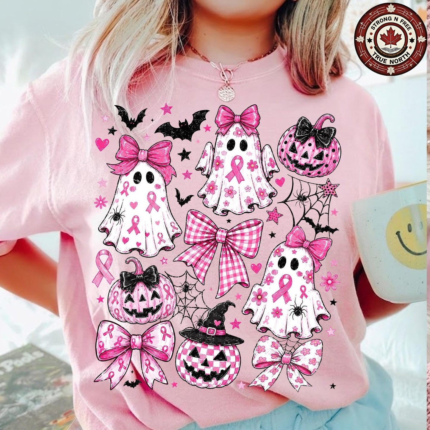 Pink Ghost Breast Cancer Awareness Coquette Bow ready-to-press DTF transfer photo 3