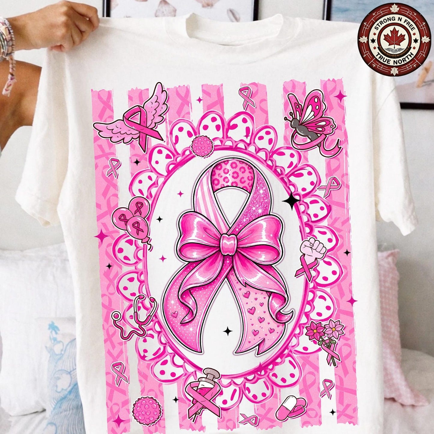 Preppy Pink Ribbon Breast Cancer Awareness ready-to-press DTF transfer photo 1