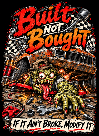 Built Not Bought Garage Monster halftone DTF transfer for dark garments