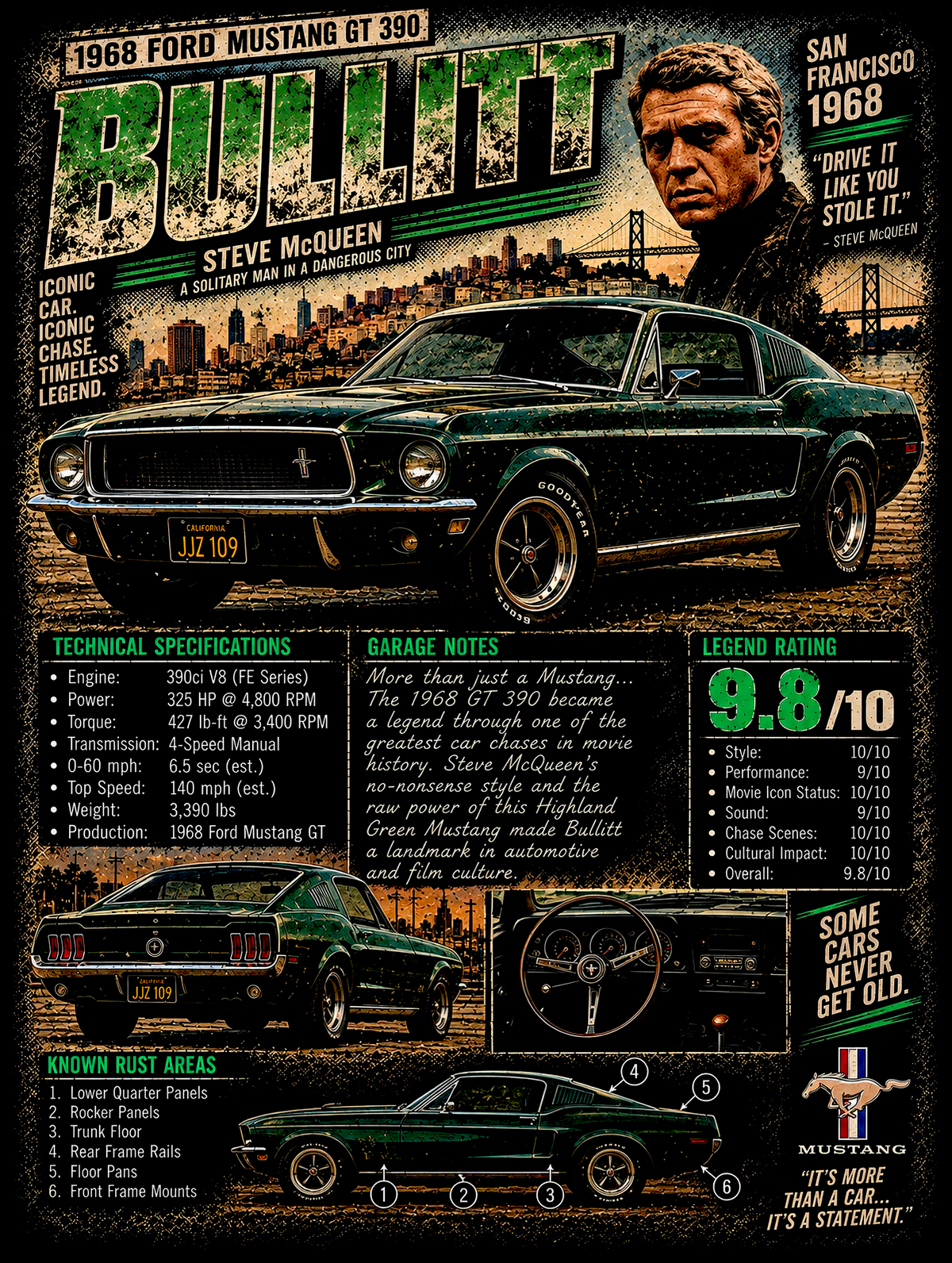 Bullitt - Ford Mustang - Vintage Magazine Cover - DTF transfer - Prints best on darks