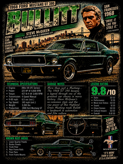Bullitt - Ford Mustang - Vintage Magazine Cover - DTF transfer - Prints best on darks
