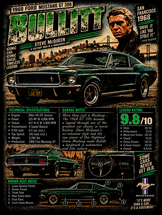 Bullitt - Ford Mustang - Vintage Magazine Cover - printed halftone garment - Prints best on darks