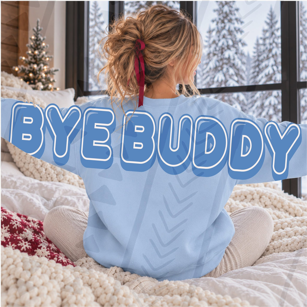 Bye Buddy – Blue back and sleeve transfer mockup; garment not included
