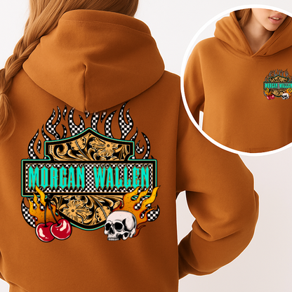 T-Shirt Crewneck Hoody Morgan W  Western Skull Flames – Country Rock Graphic