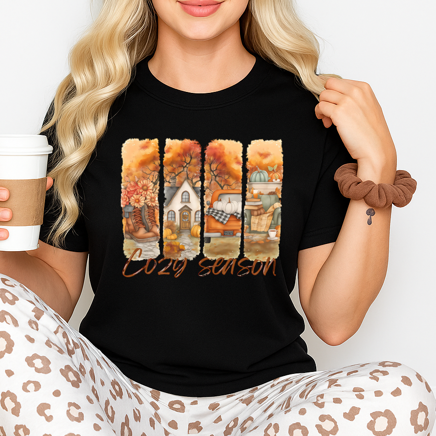 T-Shirt Crewneck Hoody – Cozy Season Fall Scene with Cottage, Pumpkins & Autumn Trees
