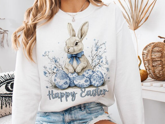 T-Shirt Crewneck – Blue Easter Bunny & Eggs
