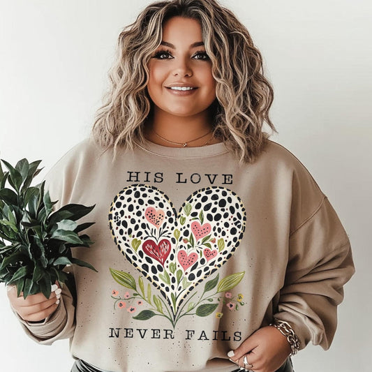 T-Shirt Tee Sweatshirt Crew Hoodie- His Love Never Fails Floral Heart Design