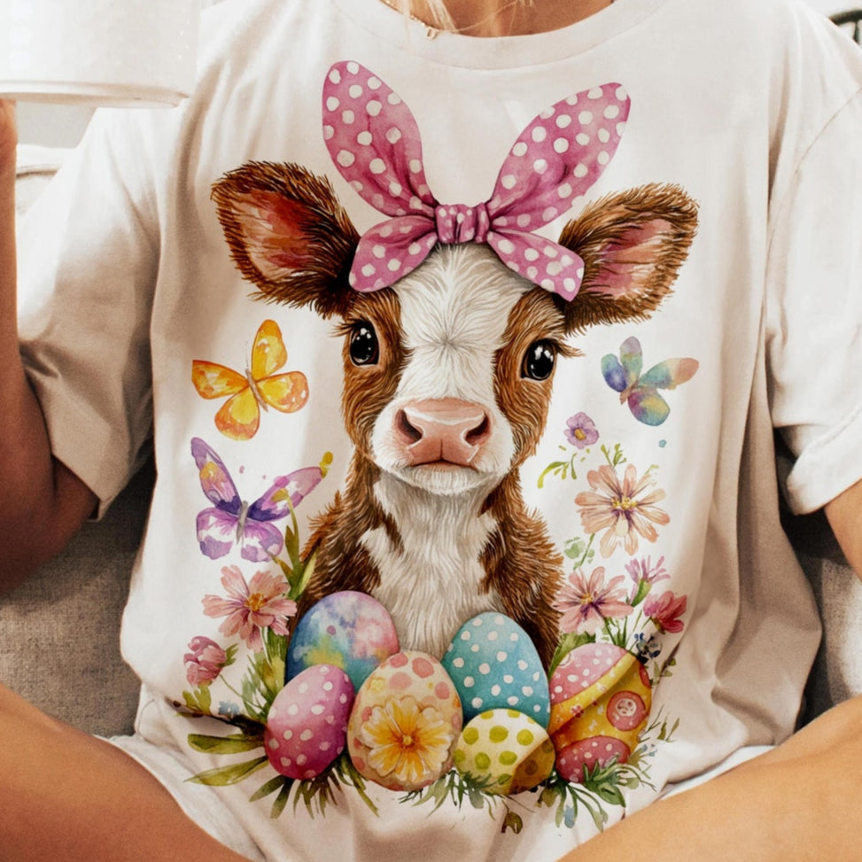 T-Shirt Sweatshirt Hoodie  Easter Cow with Bow Spring Floral Farm Design Crewneck