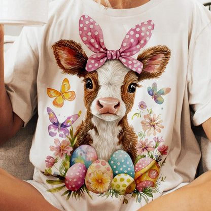 T-Shirt Sweatshirt Hoodie  Easter Cow with Bow Spring Floral Farm Design Crewneck