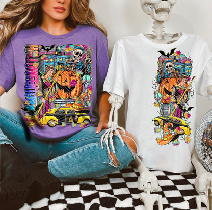 T-Shirt Crewneck Hoody – Halloween Town Taxi Ride with Skeleton, Pumpkin