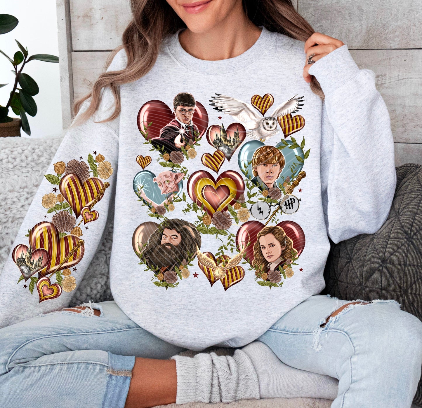 T-Shirt Sweatshirt Crewneck Hoodie H P Inspired Hearts and Characters Design .