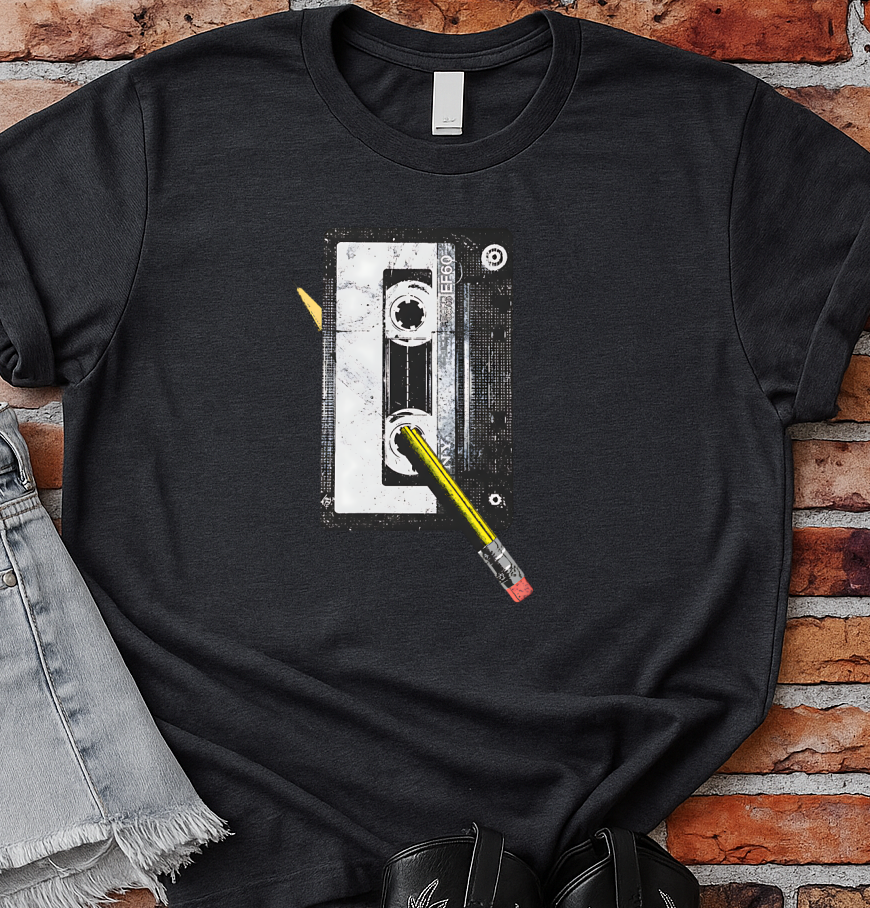 DTF Transfer Retro Cassette Tape Pencil Rewind Vintage 80s