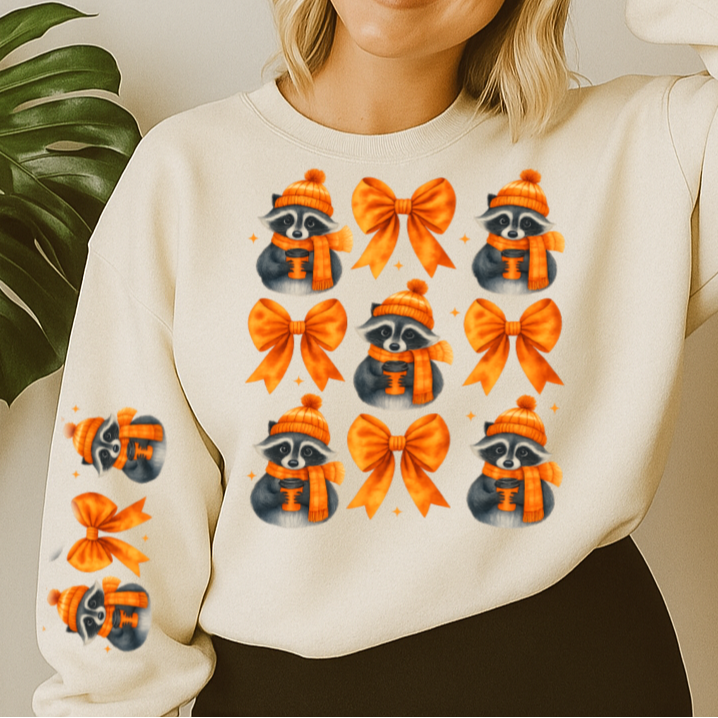 T-Shirt Hoody Winter Raccoons & Bows – Orange Scarf Animals