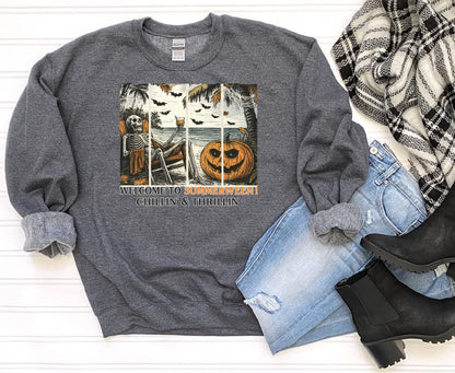 T-Shirt Crewneck Hoody – Welcome to Summerween (Chillin’ & Thrillin’ Skeleton Beach Scene)
