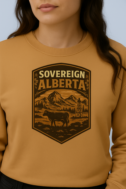 T-Shirt  Or Hoodie  Sovereign Alberta – Western Prairie Badge with Mountains, Cow & Oil Rig