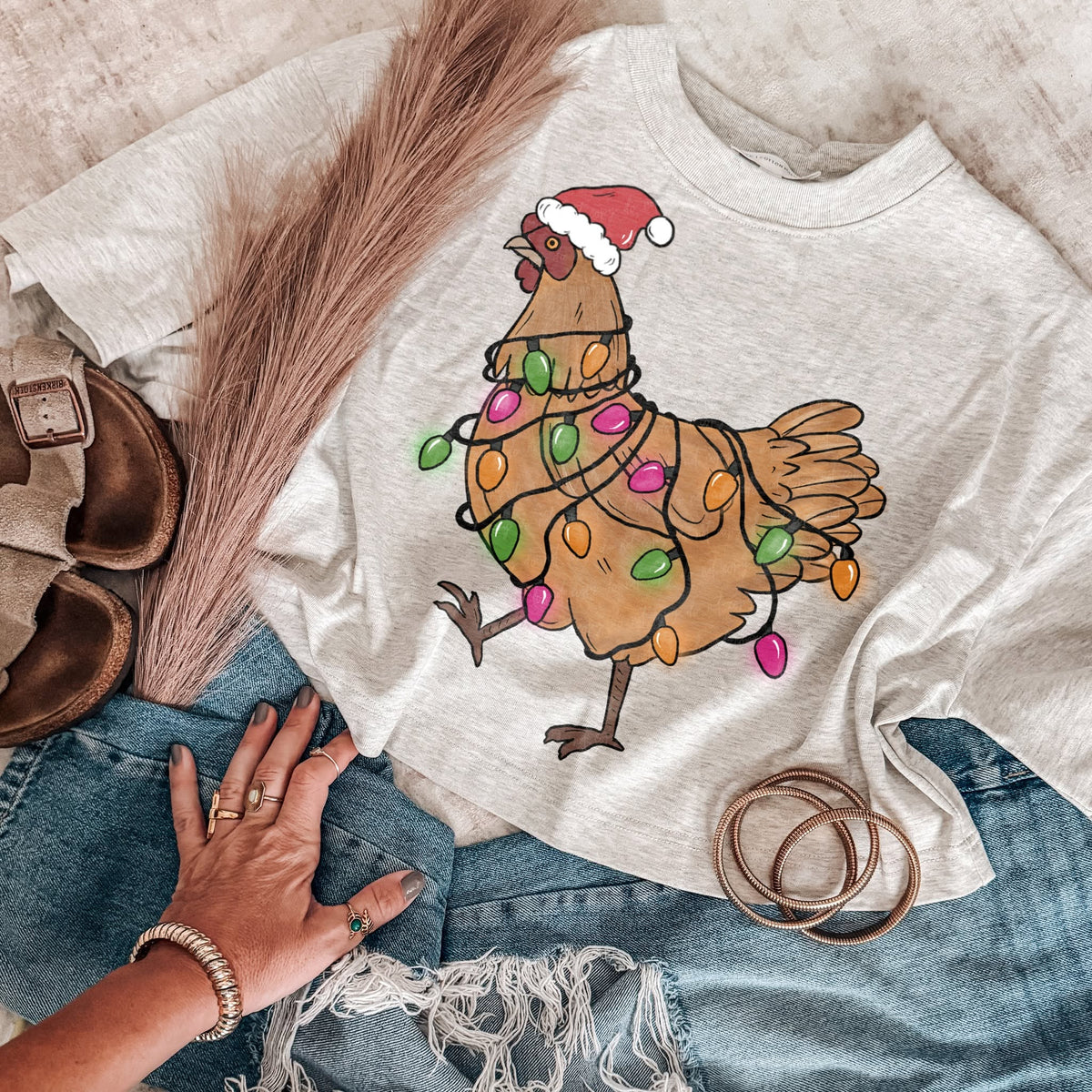 Christmas Chicken – Tangled in Lights DTF transfer mockup; garment not included