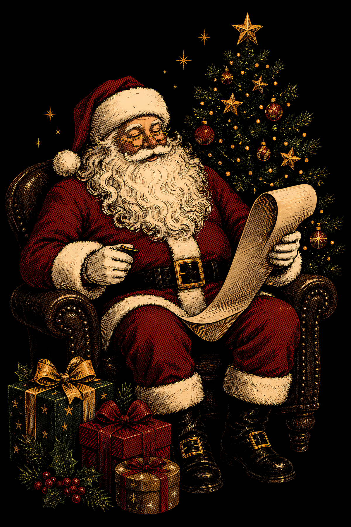 Christmas Halftone 001 - Santa Checking His List - DTF transfer on black preview background