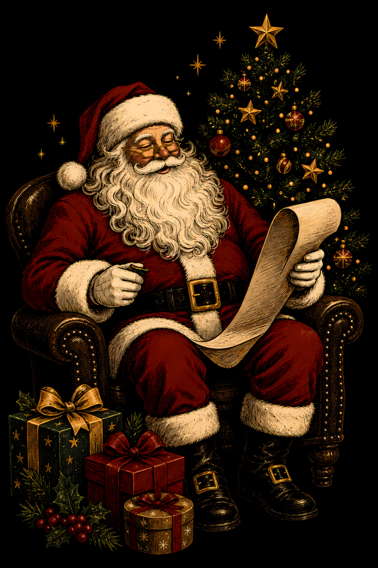 Christmas Halftone 001 - Santa Checking His List - DTF transfer on black preview background