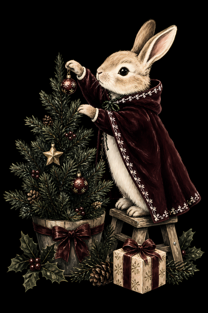 Christmas Halftone 002 - Christmas Bunny Decorating the Tree - DTF transfer on black preview background