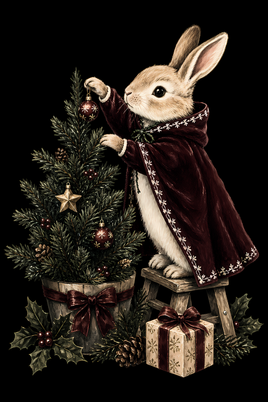 Christmas Halftone 002 - Christmas Bunny Decorating the Tree - DTF transfer on black preview background