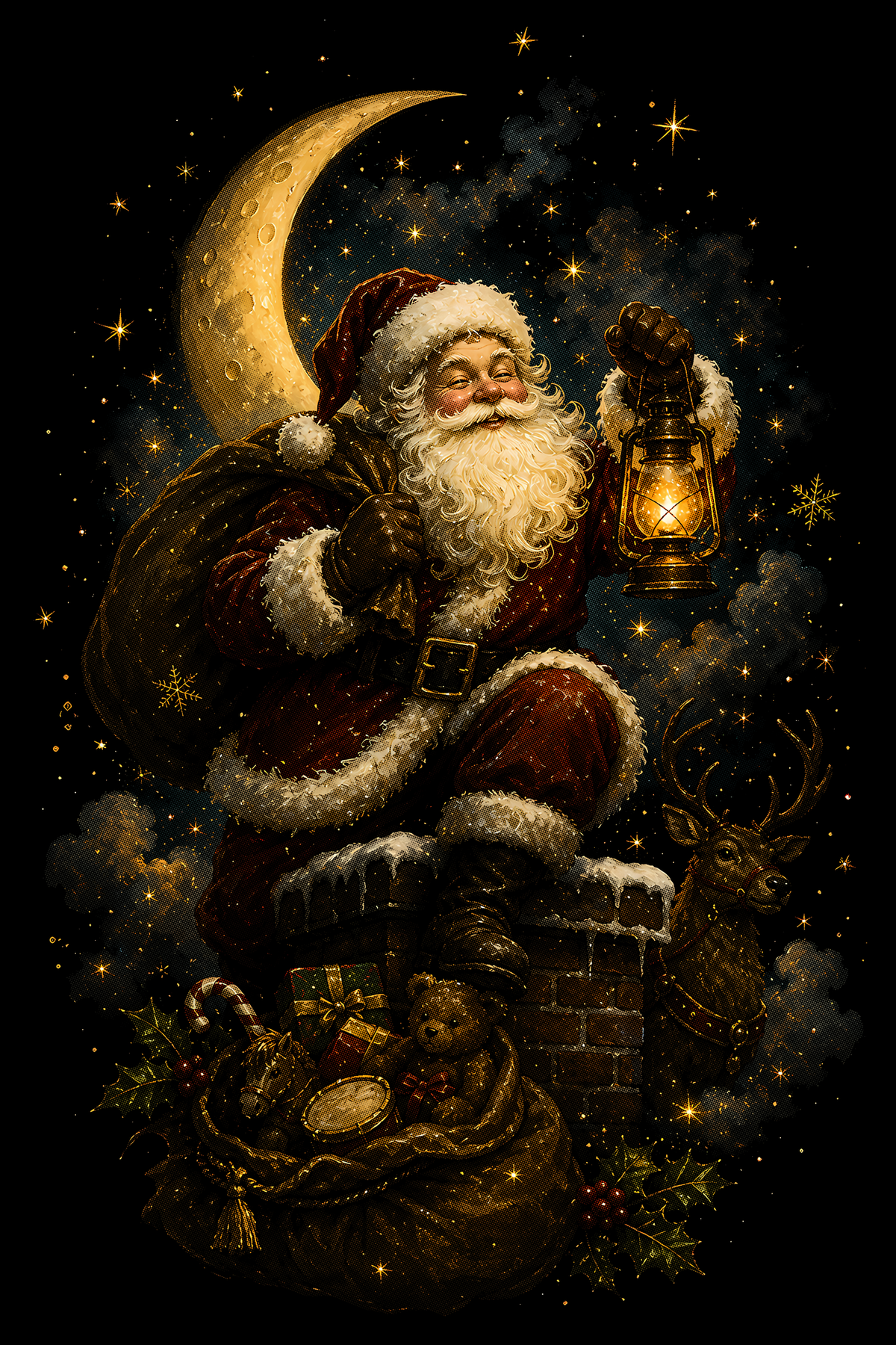 Christmas Halftone 003 - Moonlit Santa with Lantern - DTF transfer on black preview background
