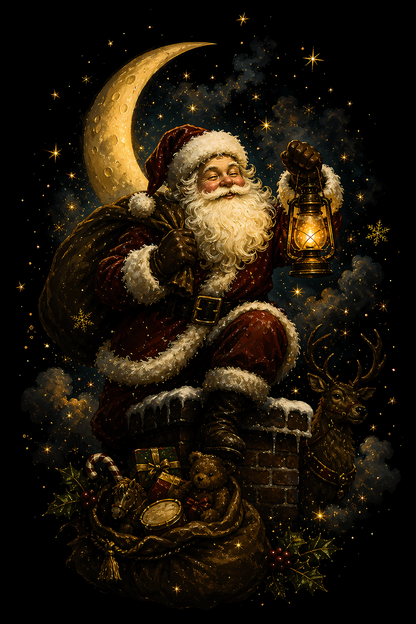 Christmas Halftone 003 - Moonlit Santa with Lantern - DTF transfer on black preview background