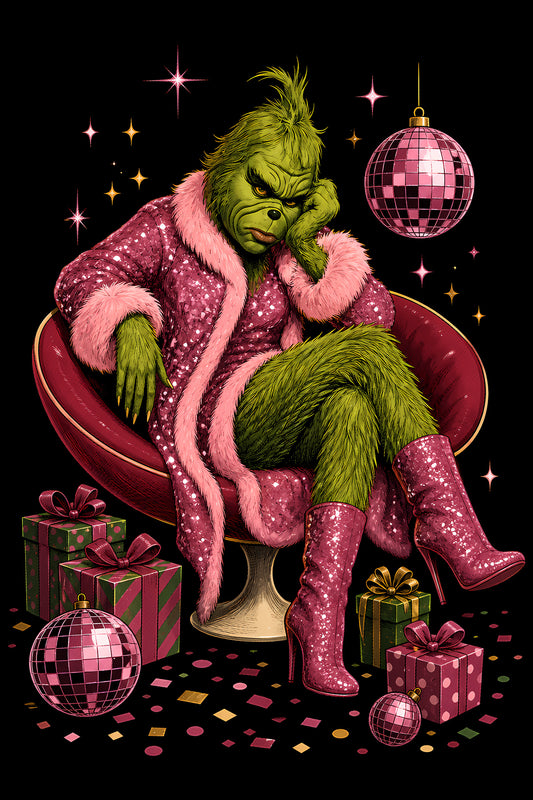 Christmas Halftone 004 - Pink Disco Christmas Grump - Black background DTF preview