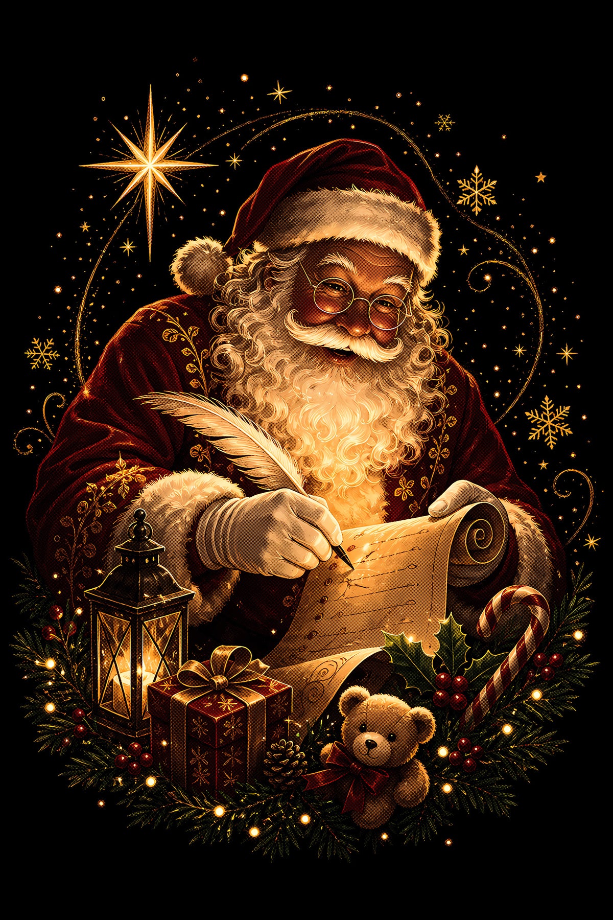 Christmas Halftone 005 - Santa Writing by Lantern Light - DTF transfer on black preview background