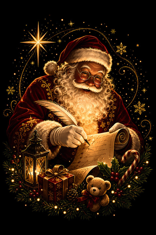 Christmas Halftone 005 - Santa Writing by Lantern Light - DTF transfer on black preview background