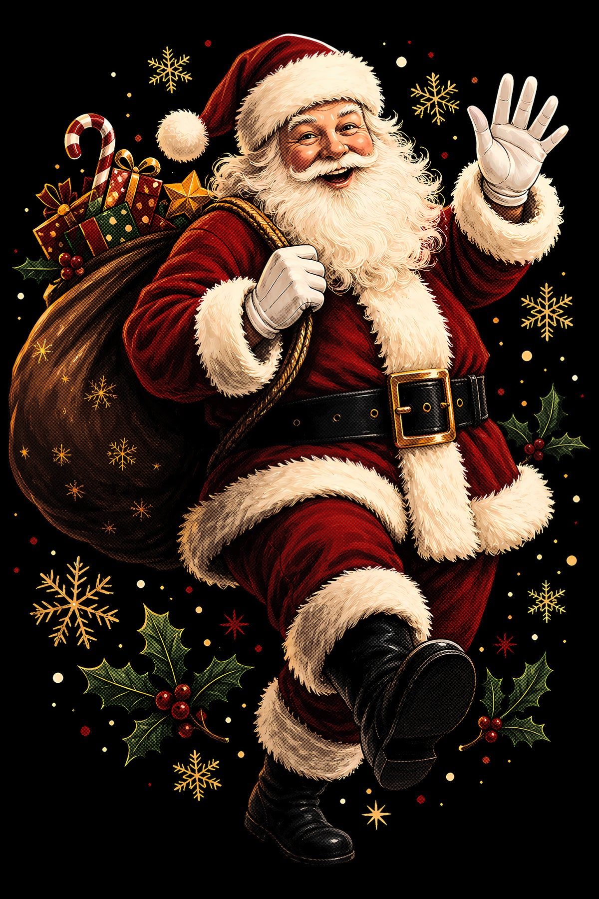 Christmas Halftone 006 - Santa Waving with a Sack of Gifts - DTF transfer on black preview background