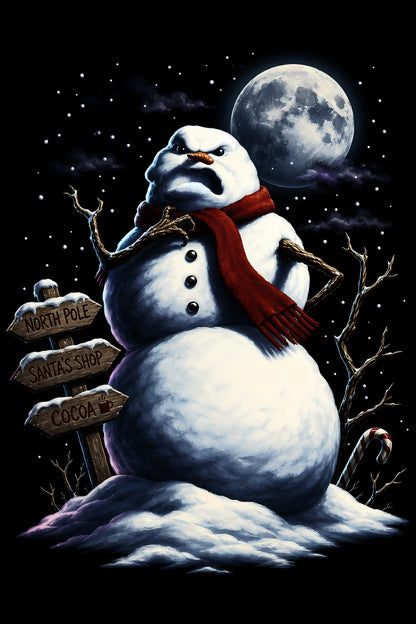 Christmas Halftone 007 - Grumpy Snowman Under the Full Moon - DTF transfer on black preview background
