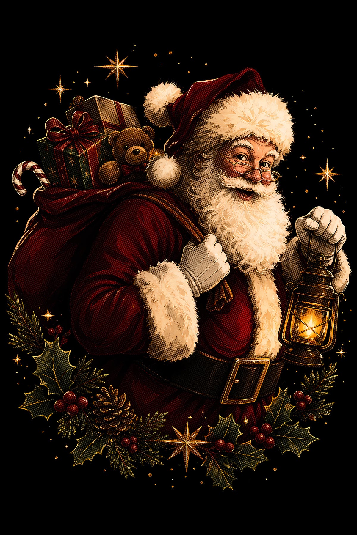 Christmas Halftone 009 - Santa with Lantern and Gift Sack - DTF transfer on black preview background