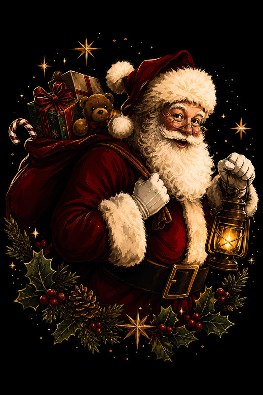 Christmas Halftone 009 - Santa with Lantern and Gift Sack - DTF transfer on black preview background