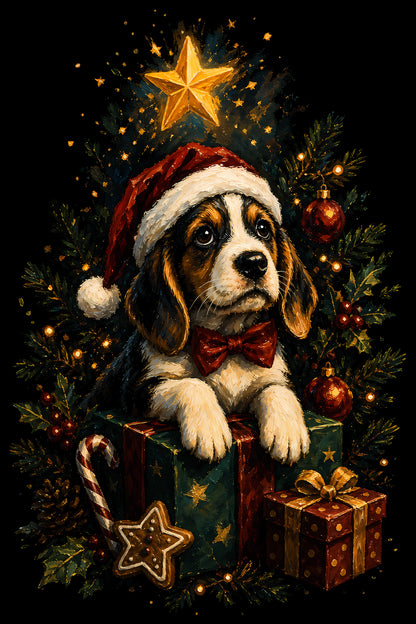 Christmas Halftone 010 - Christmas Puppy in a Gift Box - DTF transfer on black preview background